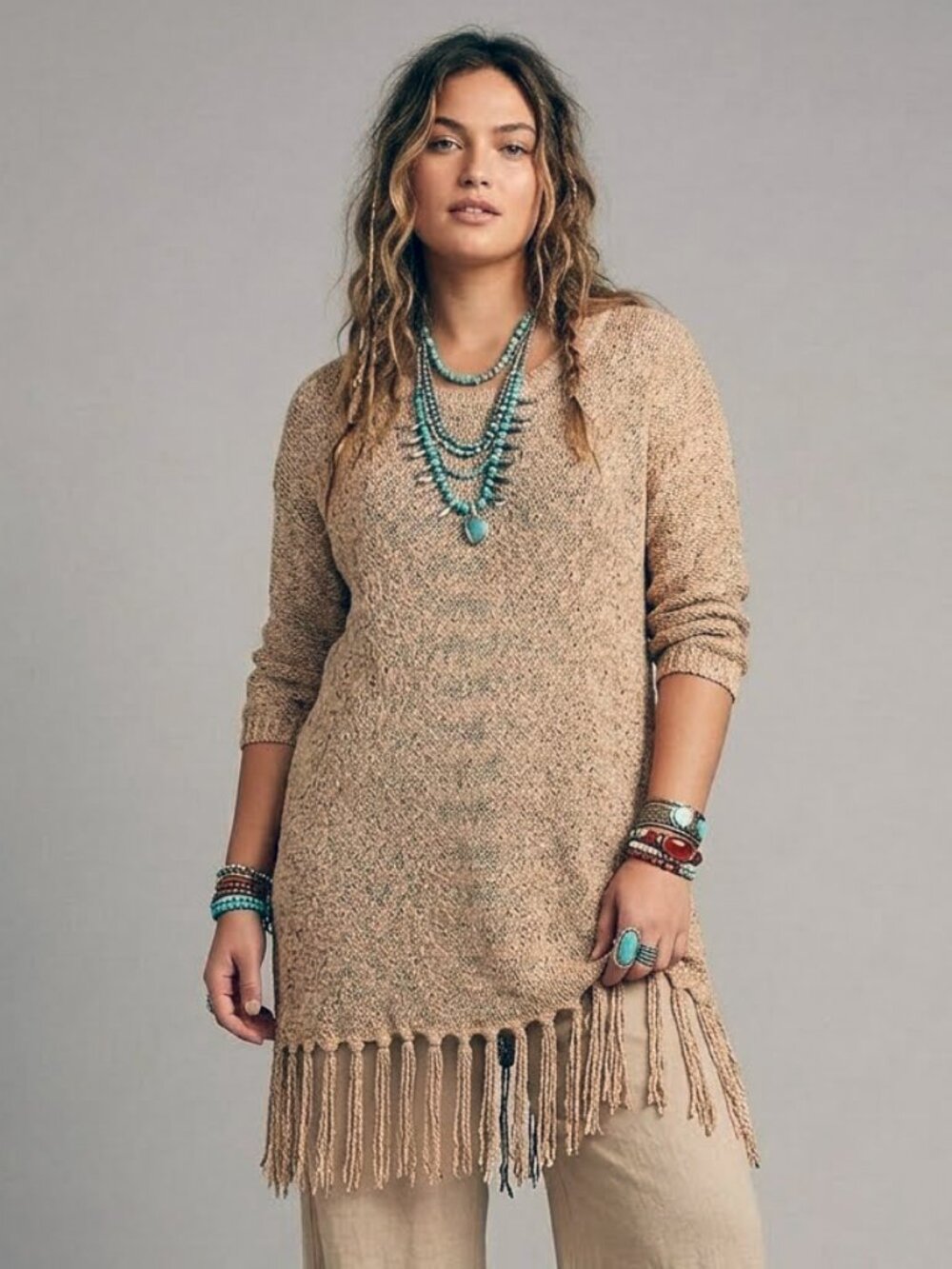 Signature Studio Fringe Sweater Dress L/XL Tan Open Knit Tunic Top Vintage